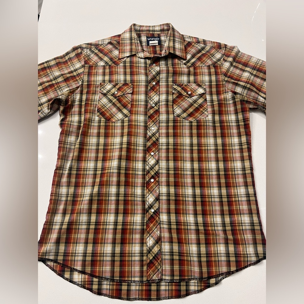 Vtg Wrangler Western Shirt Orange Brown Plaid Pearl Snap Cowboy Mens 17 Tall